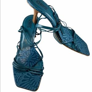 Carlos Santana turquoise leather boho sandal heels